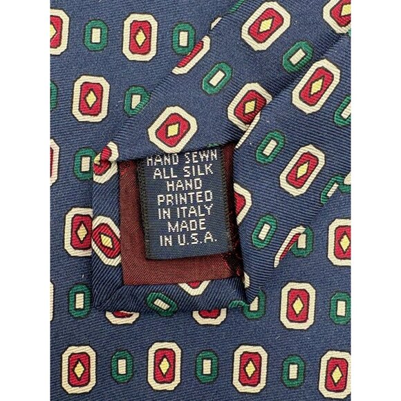 Beautiful Necktie Carroll & Co Navy Blue Yellow Red Green Diamonds Geometric GUC - Picture 6 of 6
